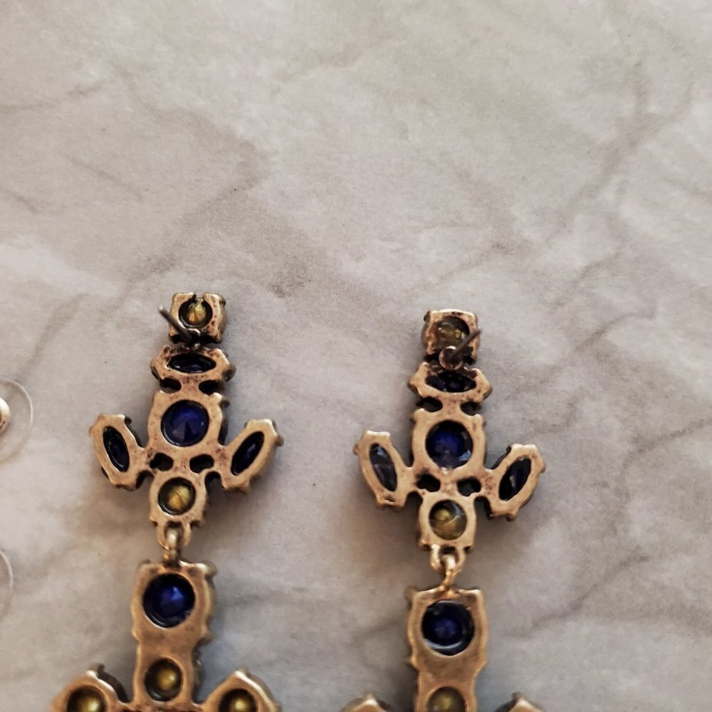 💖 J.Crew Blue Grey Rhinestones Crystals Cluster Statement Drop Dangle Earrings - Picture 11 of 15